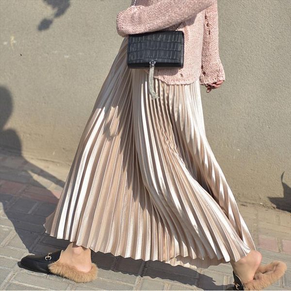 

spring long pleated high waist women skirt white autumn quality vintage maxi saia, Black