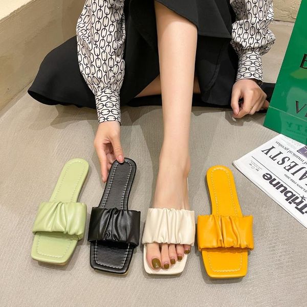 

slippers arrive for women summer 2021 fashion pleated flat slides slipper house, Black