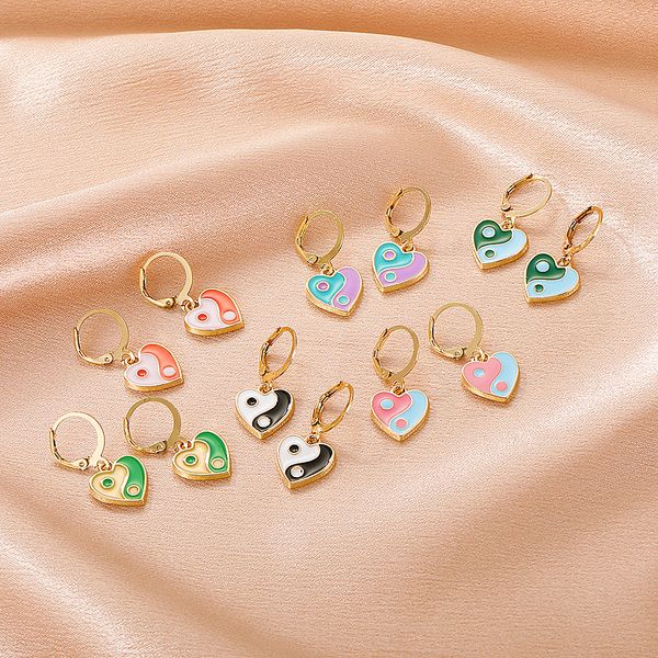 

vintage colorful handmade earring charm glass dome earring tai chi yin yang earrings retro metal alloy for gift heart hanging earrings, Golden;silver