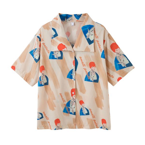 

women print shirt hawaii turn down collar summer beach short sleeve cartoon character b0362 210514, White