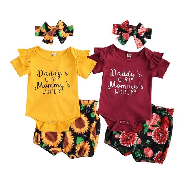 

clothing sets 0-18m summer causal baby girls boys clothes letter ruffles short sleeve romper floral shorts headband, White