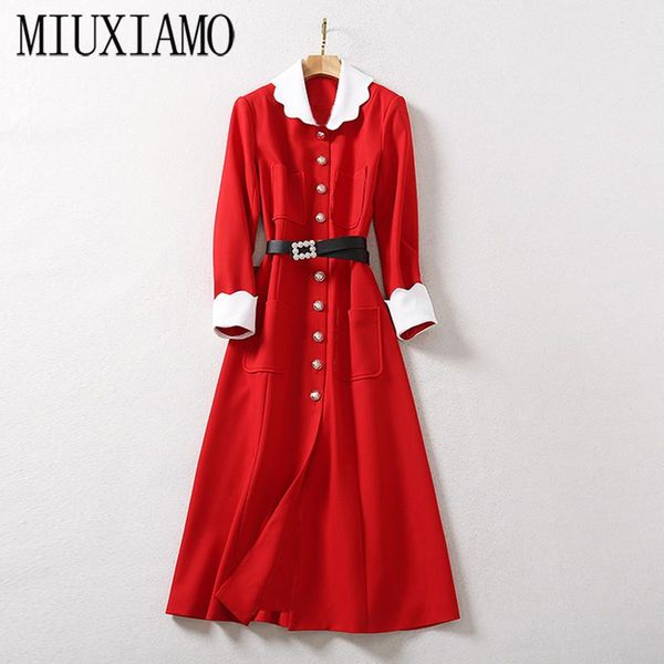 

high quailty 2021 fall long sleeve vintage mid-calf casual red dress women with diamods belt dresses, Black;gray