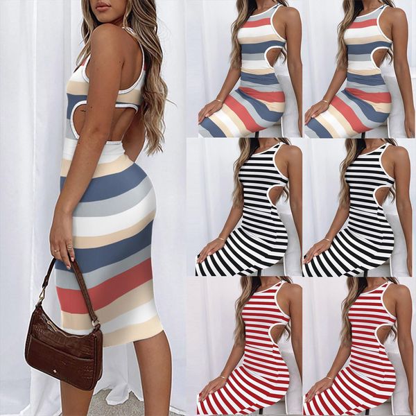 

casual sleeveless slimming women tracksuits o neck stripe printing backless tank dress sukienka summer clothes for vestidos muje, Gray