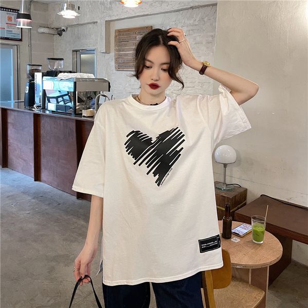 

qnpqyx college style love printed short-sleeved t-shirt women summer new korean version loose split round neck half-sleeved top, White