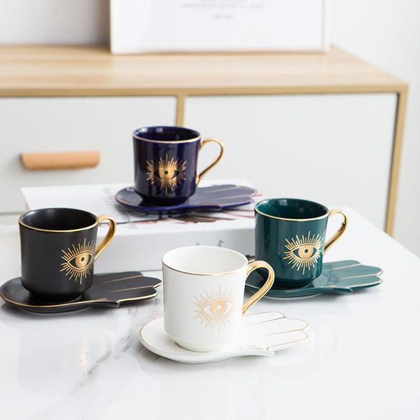

cups & saucers creative eye mug and palm saucer set turkish coffee quality art ceramic tea sets gold handle of god tumbler 2021