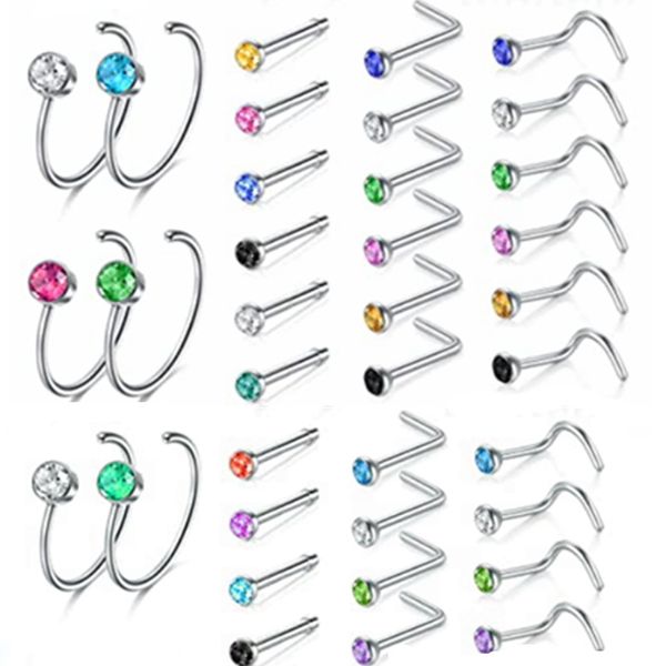 

5/10/20pcs stainless steel l shape nose stud set 20g ring hoop indian crystale stud bulk piercing nariz lot, Silver