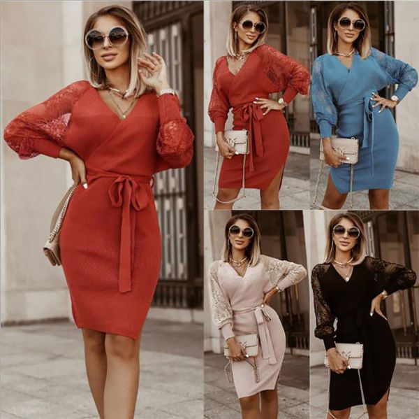 

womens dresses solid color long sleeve womens slim dresses lady casual bodycon v-neck dresses autumn fashion clothing 4 colors, Black;gray
