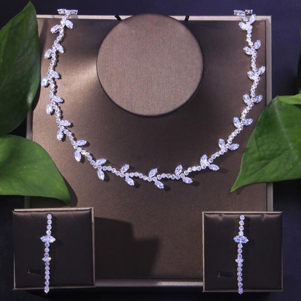 

earrings & necklace fashion branch leaf zircon 2pcs jewerlry set for women wedding and earring bridal luxury, Silver