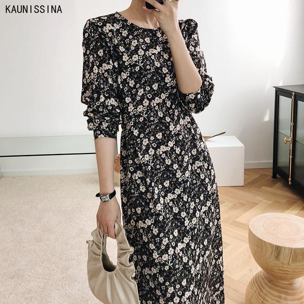 

casual dresses elegant floral print women spring dress o-neck full sleeve female long autumn bottoming a-line, Black;gray
