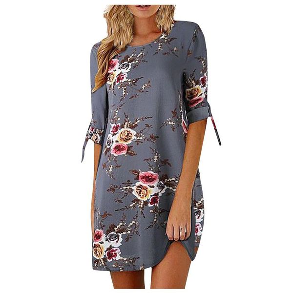 

women's fur & faux dresses casual floral chiffon print round neck dress tie three-quarter sleeve loose woman beach vestidos, Black