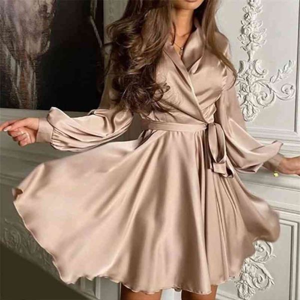 Sexy Satin Schärpen A-Linie Minikleid Laternenhülse Elegantes Partykleid Herbst Mode Damenbekleidung Streetwear Vestidos 210409