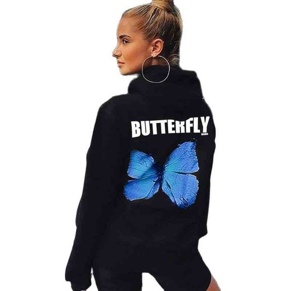 

fashion autumn women beautiful butterfly print hooded long sleeved casual pullover street trend woman oversized hoodie, Black;white