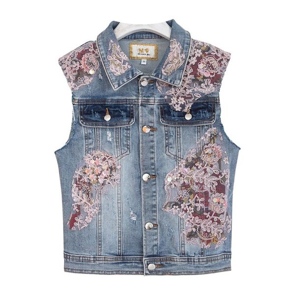 

women's vests 2021 spring summer womens embroidery ripped lace sleeveless slim denim vest coat , fall fashion women jeans coats, Black;white