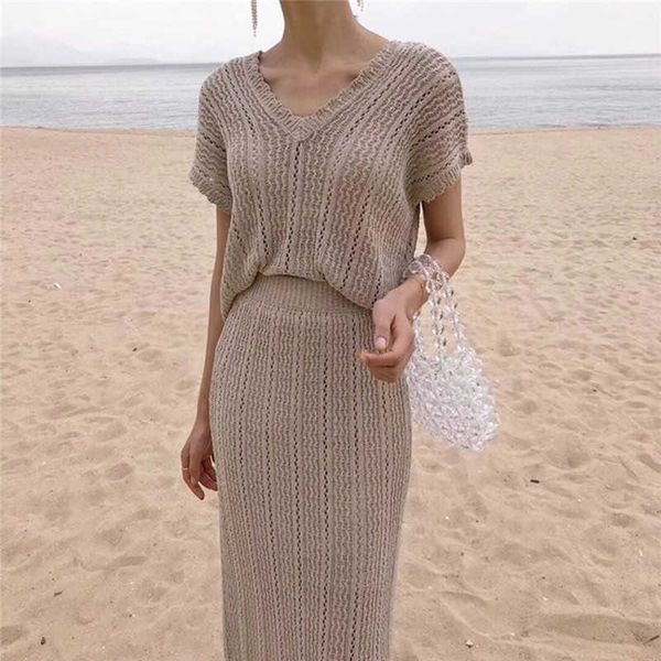 

two piece dress summer thin twist skirt knitted 2 women v-neck short sleeve + stretch bodycon long skirts sweater set dckp, White