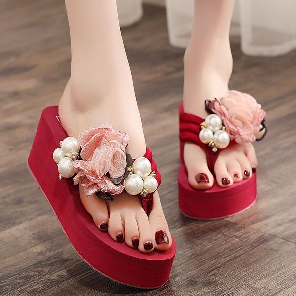 

slippers 6cm high heel women's summer pearl korean slope with flip-flops platform sandals vacation travel womans shoes, Black