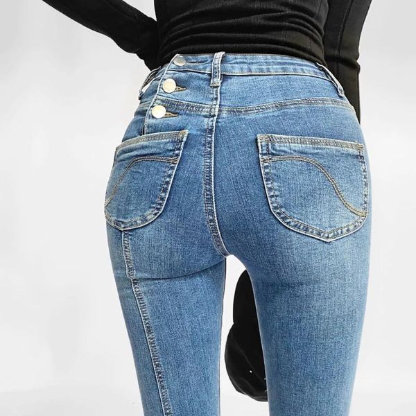 

women's jeans 2021 autumn bubutton bag hip denim feet pants fashion high waist slim skinny stretch pencil, Blue