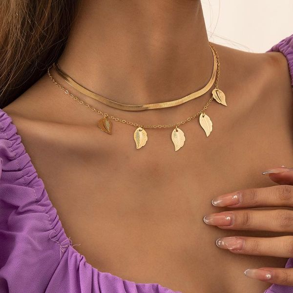 

chains korean copper leaves tassel pendant necklace charm layered vintage flat blade snake chain choker for women neck jewelry, Silver