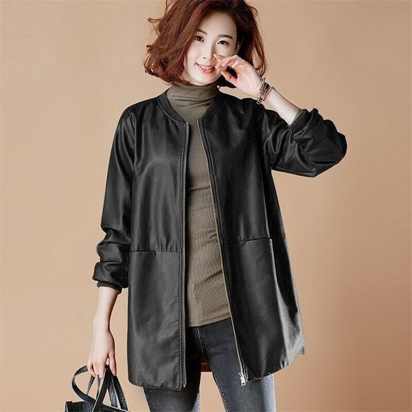 

o-neck spring woman's pu leather jackets long sleeve casual ladies faux leather coats basic female jacket with pockets 210916, Black
