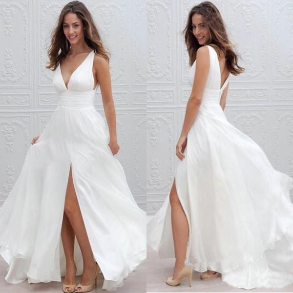 

2021 new summer beach boho wedding dresses a line v neck split long chiffon bridal gowns bohemian, White