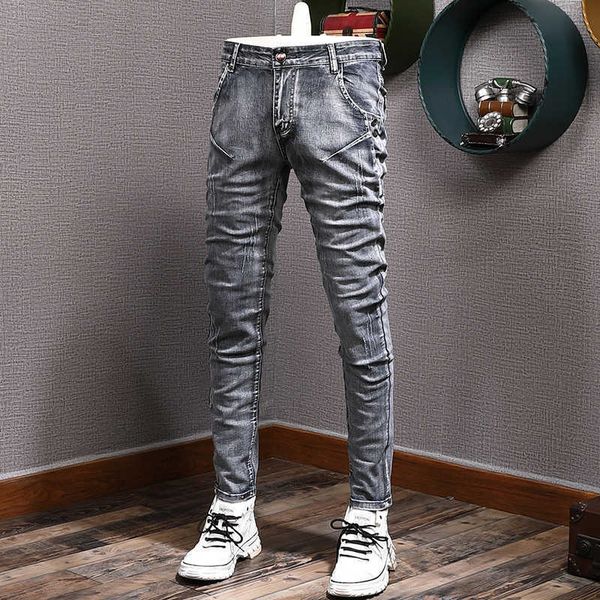 

street fashion men jeans retro gray elastic slim fit ripped korean style stretch designer casual denim pencil pants, Blue