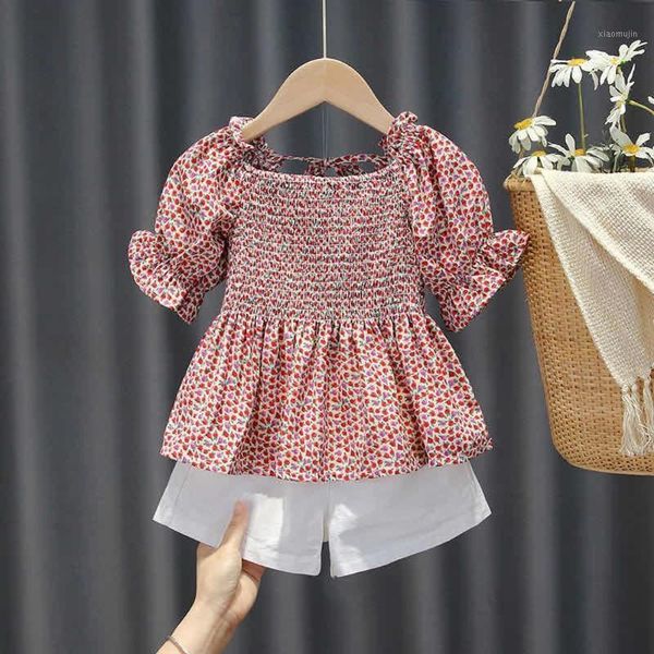 

spring summer girls sets floral children sleeveless t-shirt+solid shorts kids suit fashion clothes 1-6y clothing, White