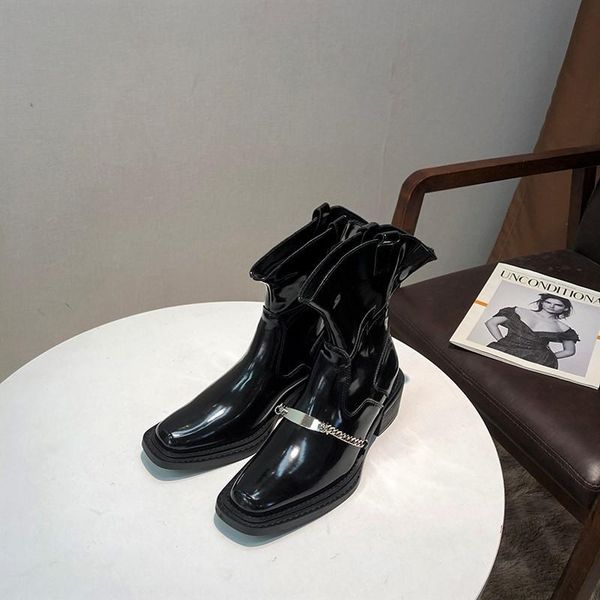 

boots monmoira square toe metal chain western motorcycle women patent leather black punk chunky platform ankle