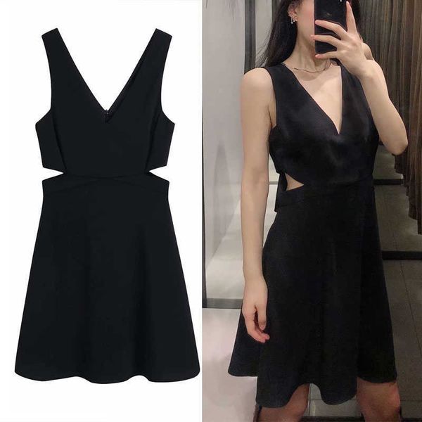 

za black summer cut outs mini dress women sleeveless wide straps party dresses female chic back zip vintage vestidos 210602, Black;gray