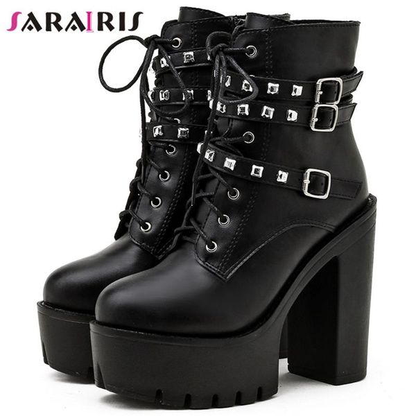 

boots sarairis arrival ladies platform zipper lace up ankle women buckle strap square high heel design shoes woman, Black