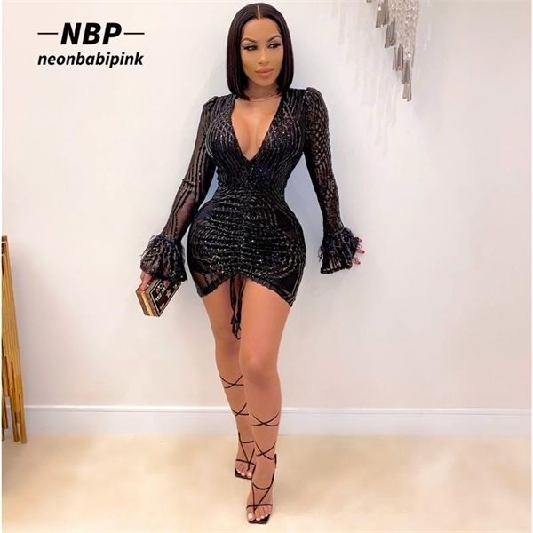

party night club dresses for women sparkly sequin mesh feather long sleeve deep v bodycon mini dress n57-gf34, Black;gray