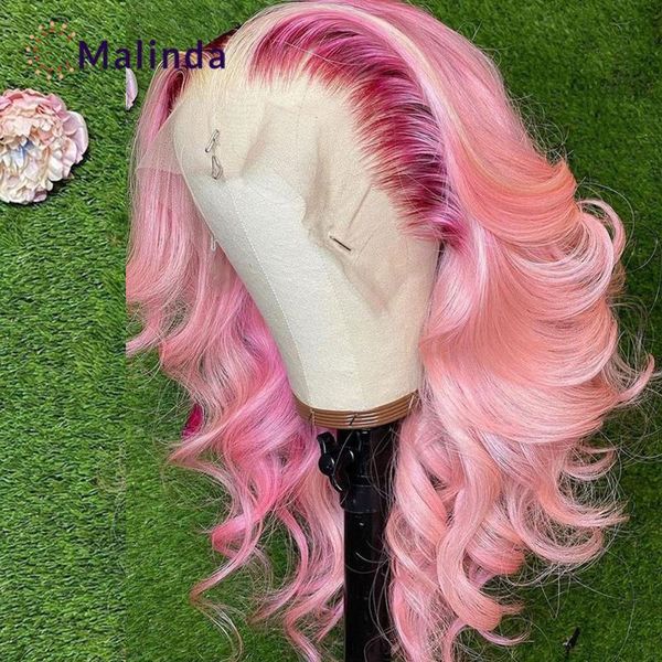 

lace wigs pink wig body wave for black women roots ombre human hair pre plucked with baby glueless transparent, Black;brown