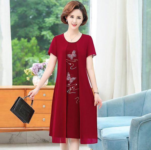 

casual dresses short sleeve chiffon mother dress fake two pieces summer middle aged women vestido plus size fashion female embroidery, Black;gray