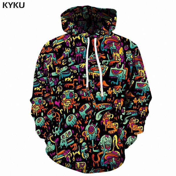 Kyku Marca Psicadélico Suéter Homens Abstrato Abstrato Impresso Anime 3D Impresso Graffiti Hoodie Impressão Engraçado Capuz Casual H0909