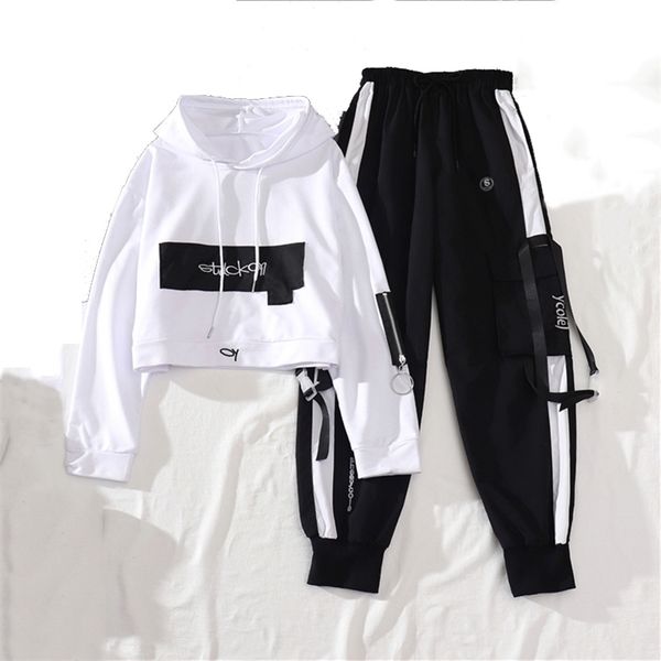 

spring autumn female streetwear cargo pants loose high waist joggers women 2 piece long sleeve with casual trousers 211013, Black;white