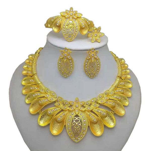 Königreich MA Neue Goldfarbe Afrikanische Halskette Ohrringe Armband Ring Sets Dubai Schmuck Sets Für Frauen Partyzubehör H1022