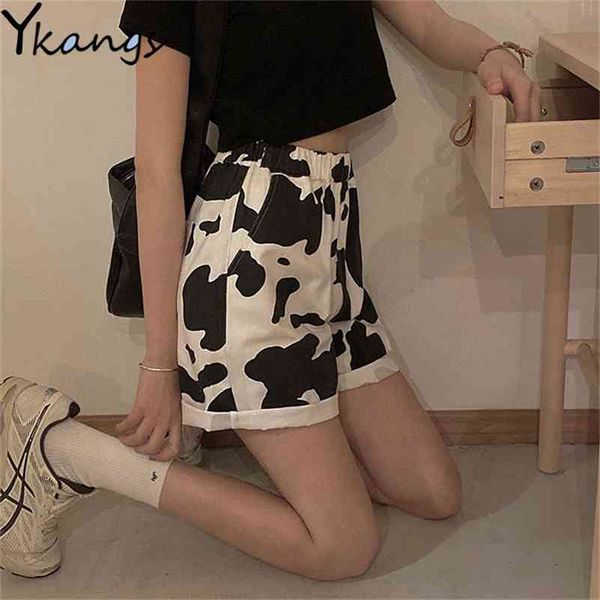 Хараджуку Корейский стиль Streetweaw Cow Print Sport Shorts Joggers Женские спортивные штаны прямые упругие высокие талии широкие ноги шорты 210611