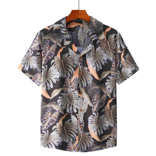 

leaf print shirts men short sleeve casual aloha shirt mens beach holiday hawaiian camisas summer brand cosy hawaii camisa 210524, White;black