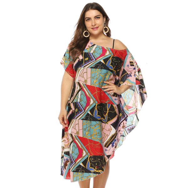 

plus size for women skirt short fashion summer dress irregularly printed off the shoulder bikini blouse, Black;gray