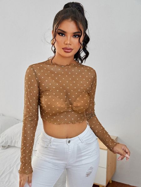 

sxy polka dot & heart print lettuce trim crop mesh without bra u8zf#, White