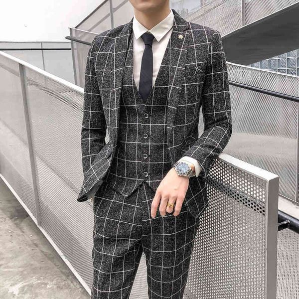

men's suits & blazers (jaqueta + colete calÃ§as) terno masculino xadrez formal, de moda, para casamento, bege, cinza, preto e azul drl0, White;black