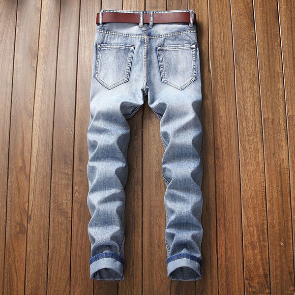 

men slim fashional embroidery blowing yarn jeans bleached scratched pants knees holes washed high quality, Blue