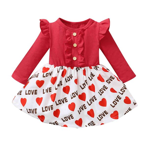 

1-4y valentines day toddler kid girl red dress long sleeve ruffles heart print dresses for girls 210515, Red;yellow