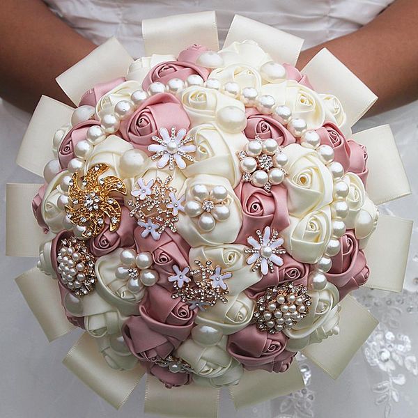 

wedding flowers satin ribbon bridal bouquets artificial flower pearls rhinestones sweet 15 quinceanera accessory w2388