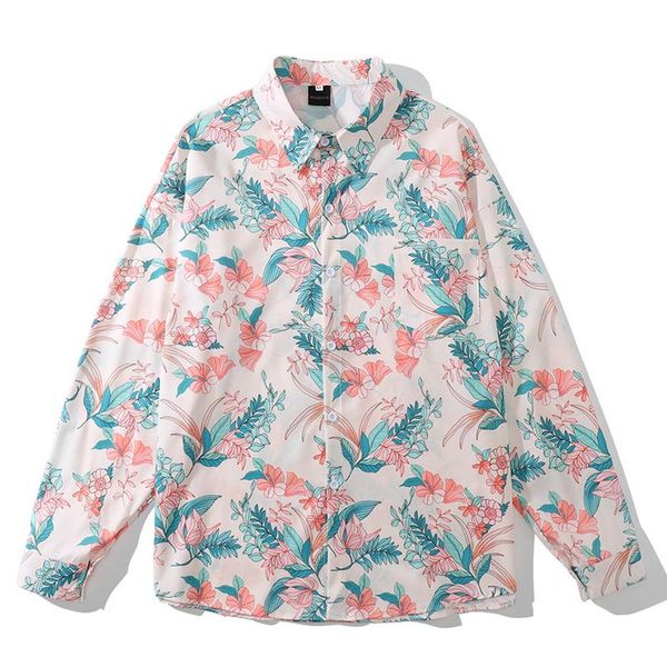 

men's casual shirts mens harajuku full flower print hawaii long sleeve oversized chic blouse summer button streetwear camisa masculina, White;black