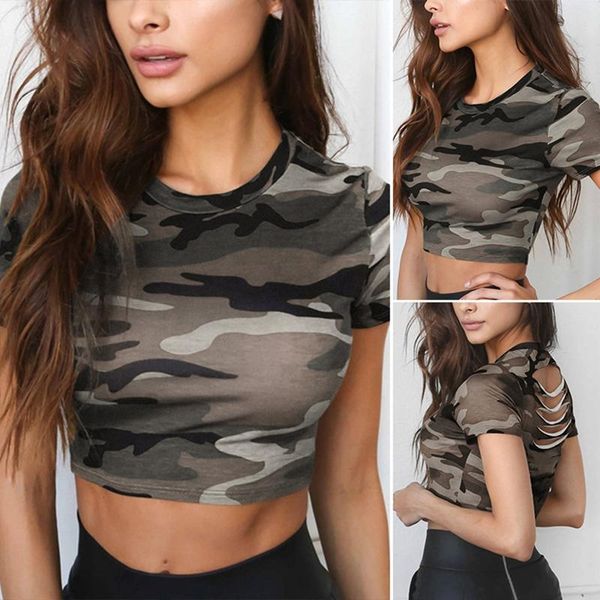 

women's fashion back hollow camouflage short slim t-shirt green, White