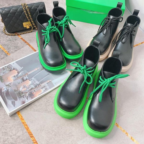 

boots winter 2021 thick bottom color matching lace up muffin green short women's patent leather flat british, Black