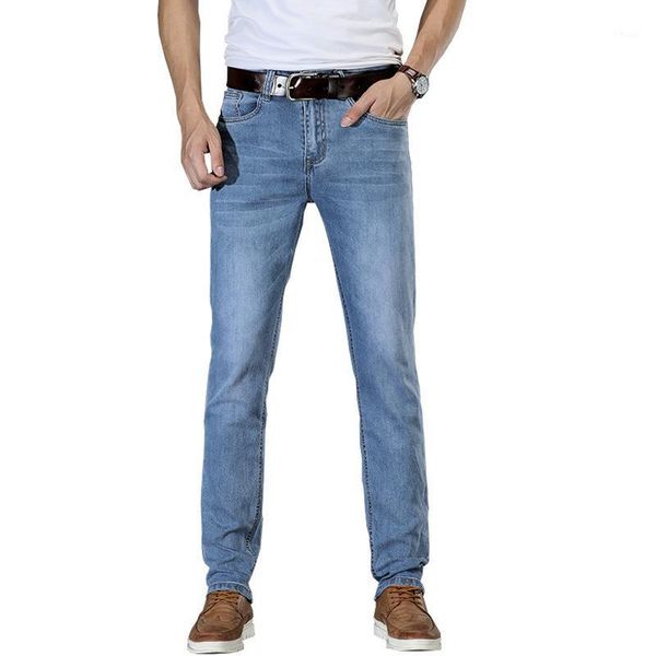 

men's jeans men spring and summer mid-waist cotton stretch slim small straight denim trousers light blue biker1