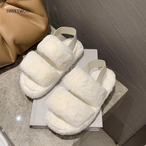 

slippers fur sandals outdoor fluffy plush with rubber soles non-slip indoor for home use fashion leisure ballet flats, Black