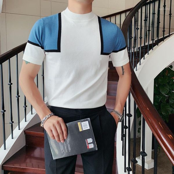 

men's sweaters half turtleneck sweater men british contrast color pullover short sleeve base korean fashion clothing, White;black