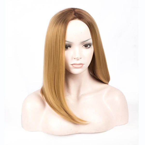 

45cm synthetic bob ombre brown gold straight wig for women heat resistant fiber high temperature cosplay medium sx1671, Black