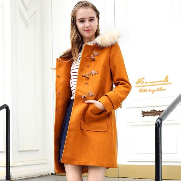 

women's wool & blends korean winter coat women fur hooded long sleeve coats and jackets brown woolen elegant trench for, Black